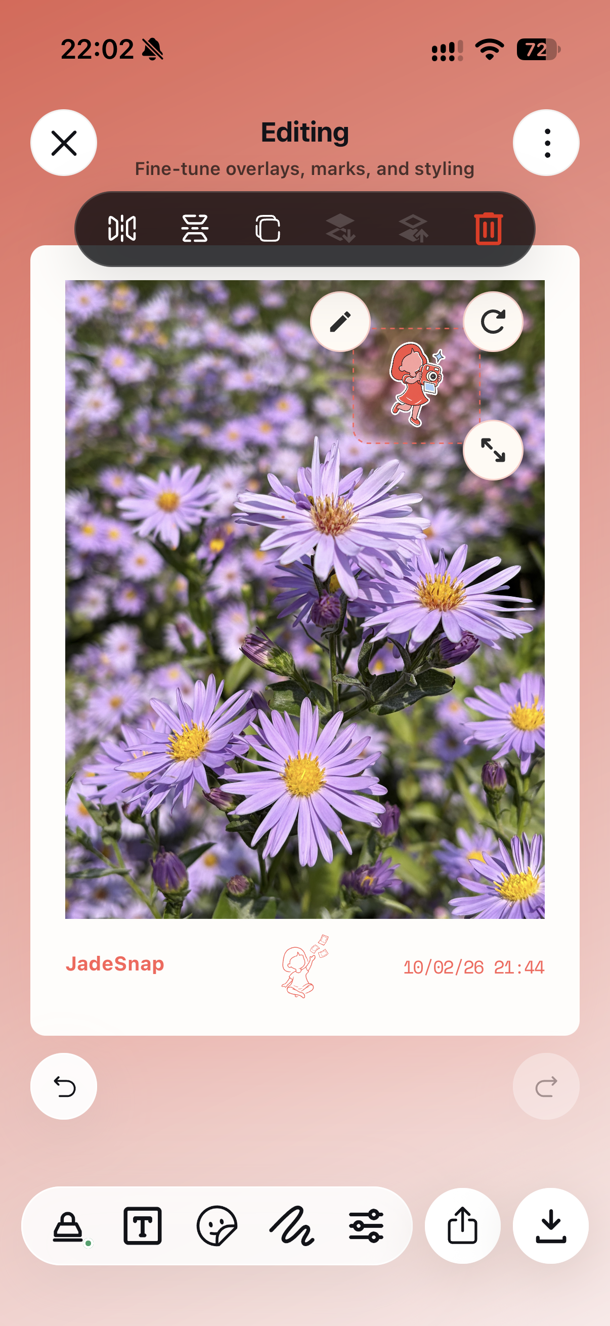 JadeSnap editor showing sticker controls and editing tools